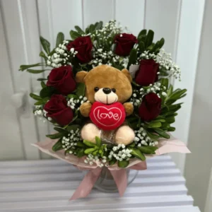 Pecera con 6 rosas rojas y peluche incluido