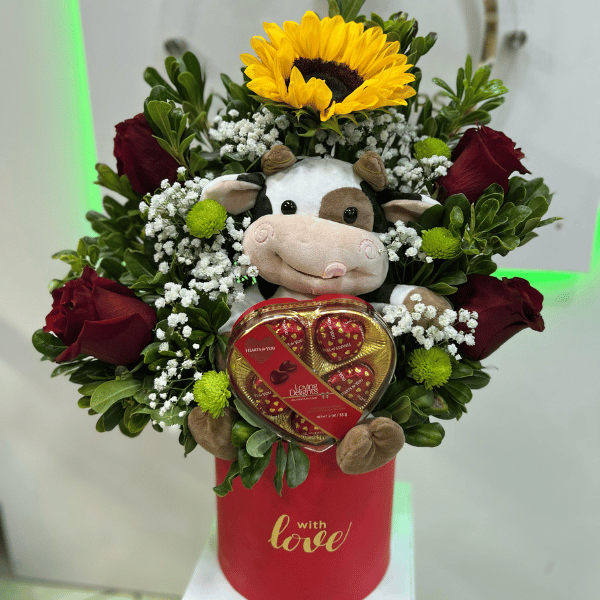 Box Rosa girasol con peluche y chocolate
