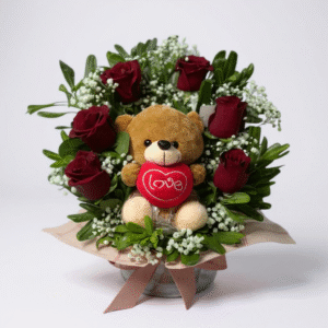 Pecera con 6 rosas rojas y peluche incluido