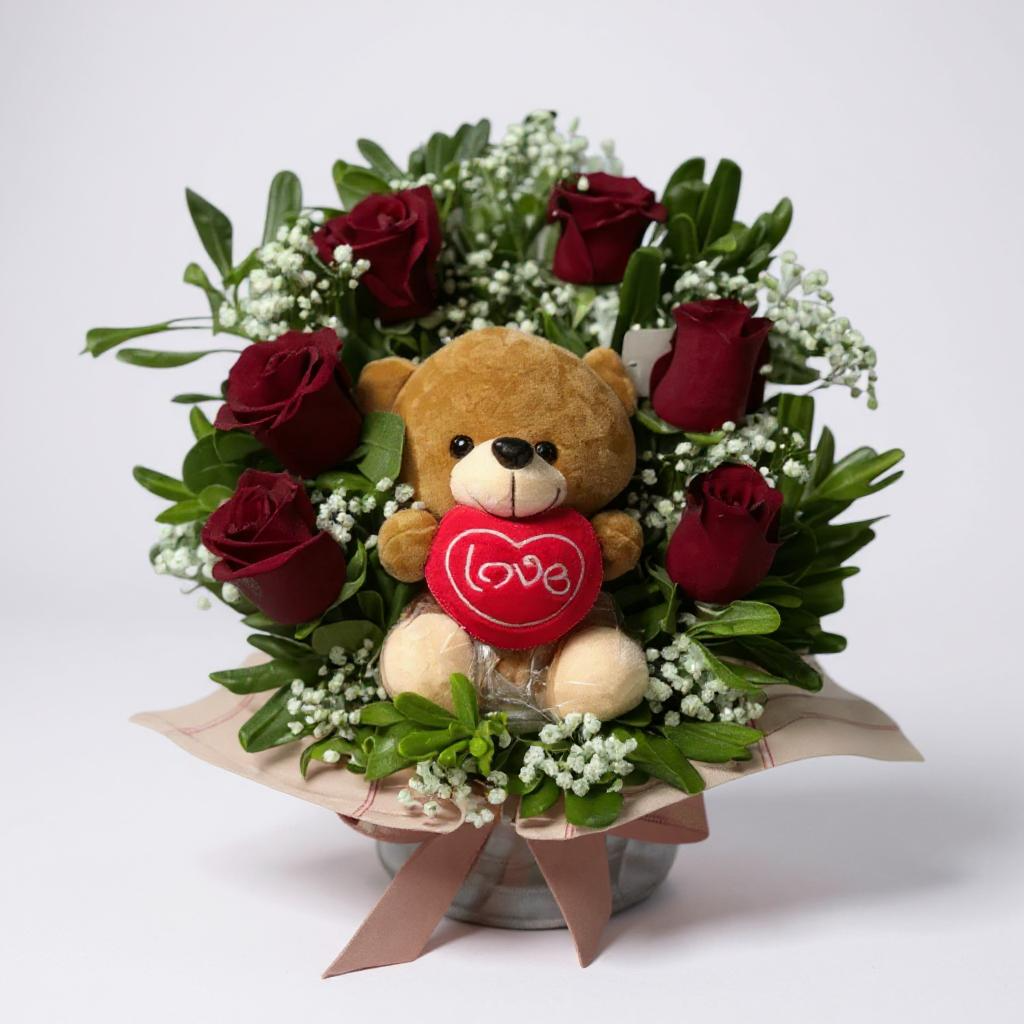 Pecera con 6 rosas rojas y peluche incluido