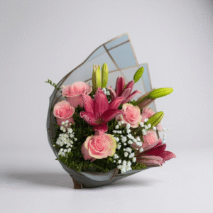 Ramo de 6 rosas rosadas con 2 lilium rosados