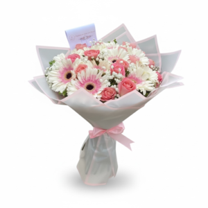 Ramo de 15 rosas rosadas y 10 gerberas en tonos pasteles