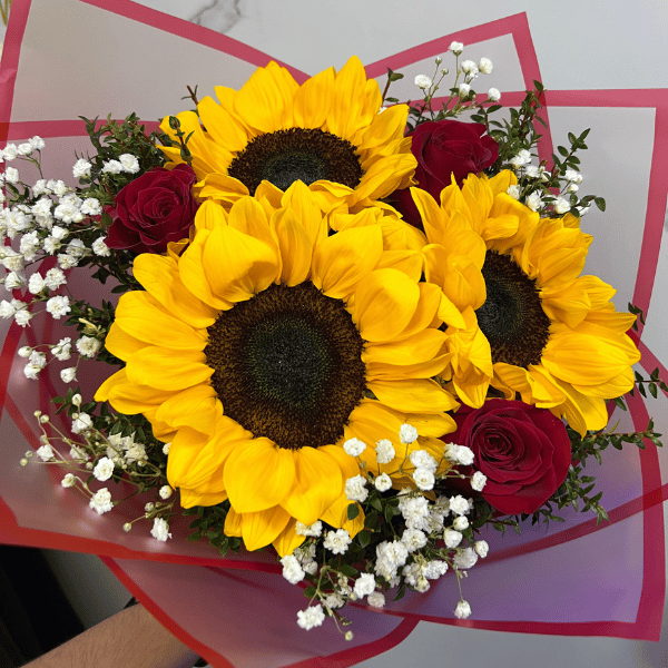 Ramo 3 rosas rojas 3 girasoles