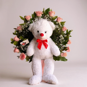 Box de oso grande con 12 rosas rosadas
