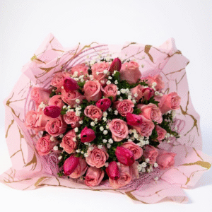 Ramo de 25 rosas rosadas y 10 tulipanes rosados