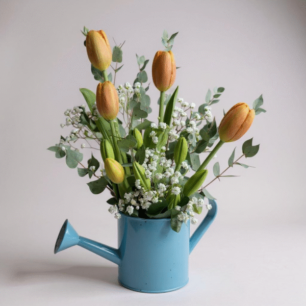 Regadera con tulipanes naranjos