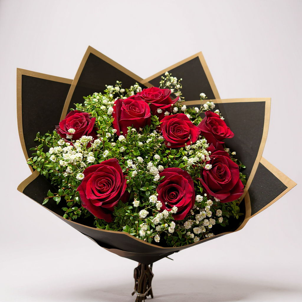 8 rosas rojas papel negro