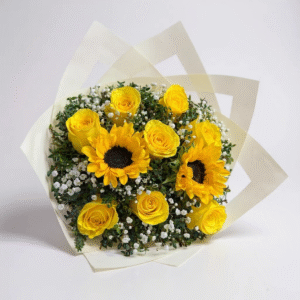 Ramo de 8 rosas amarillas y 2 girasoles