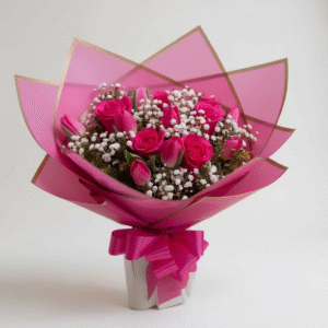 Ramo de 10 tulipanes morados y 5 rosas fucsia