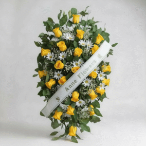 Corona de 25 rosas amarillas en forma de lágrima con cinta personalizada