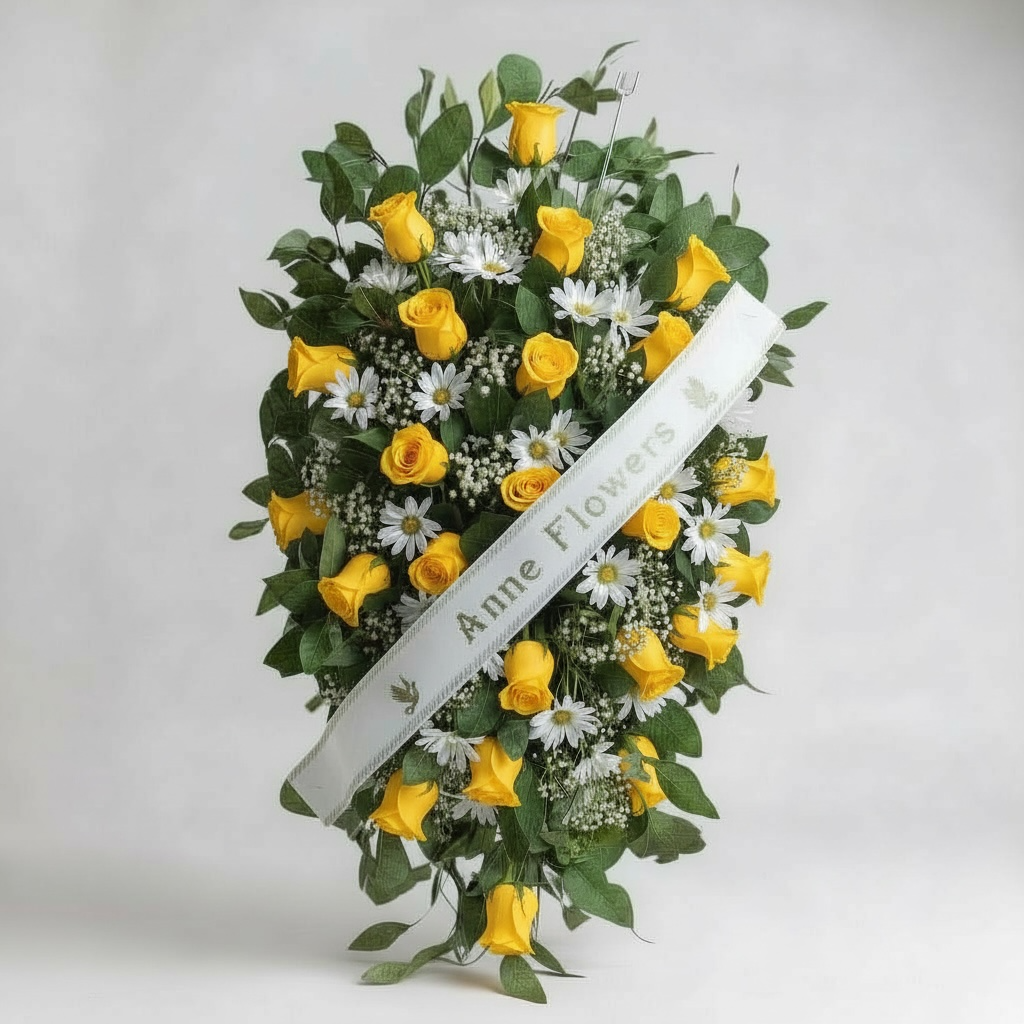 Corona de 25 rosas amarillas en forma de lágrima con cinta personalizada