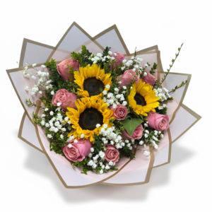 Rosas rosadas y girasoles