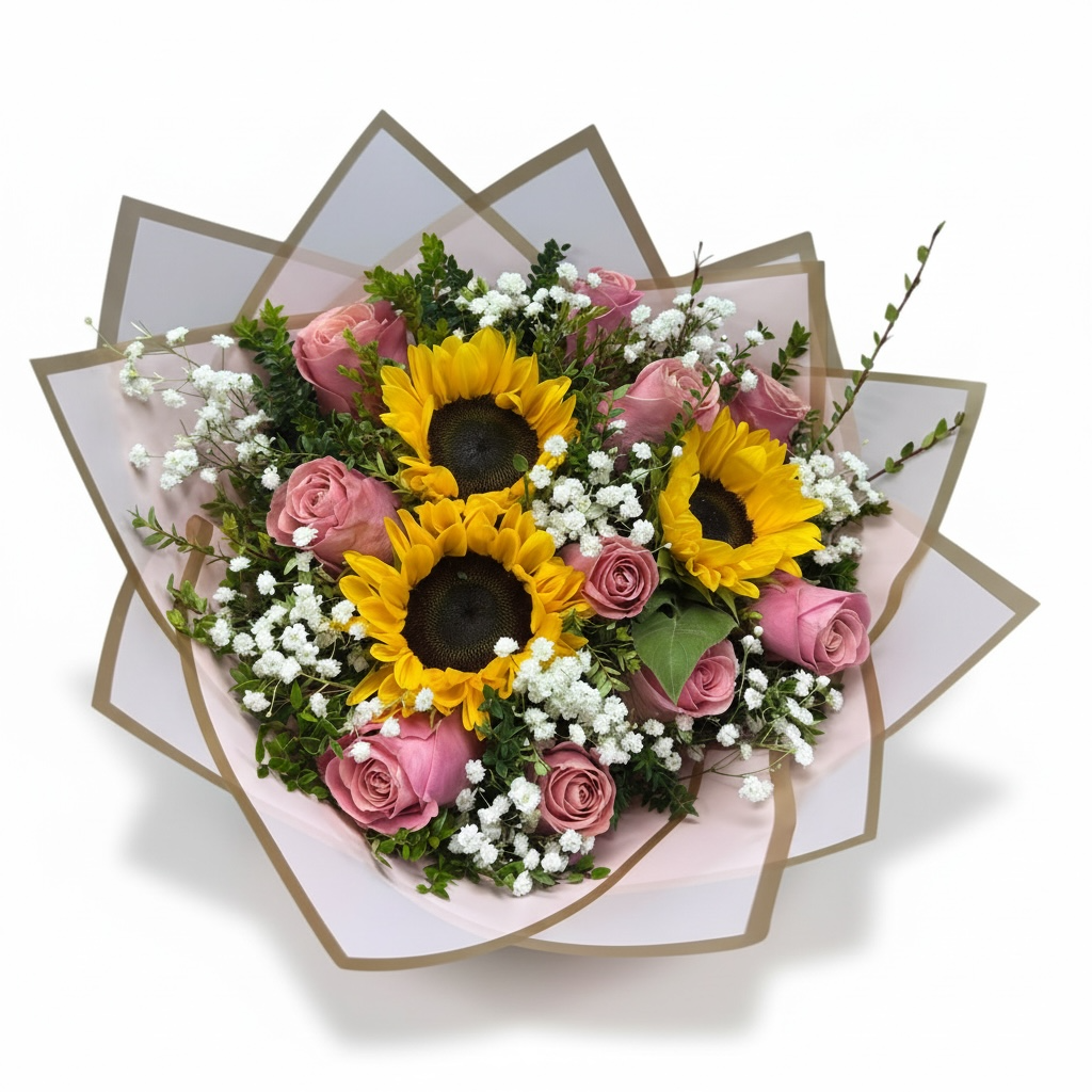 Rosas rosadas y girasoles