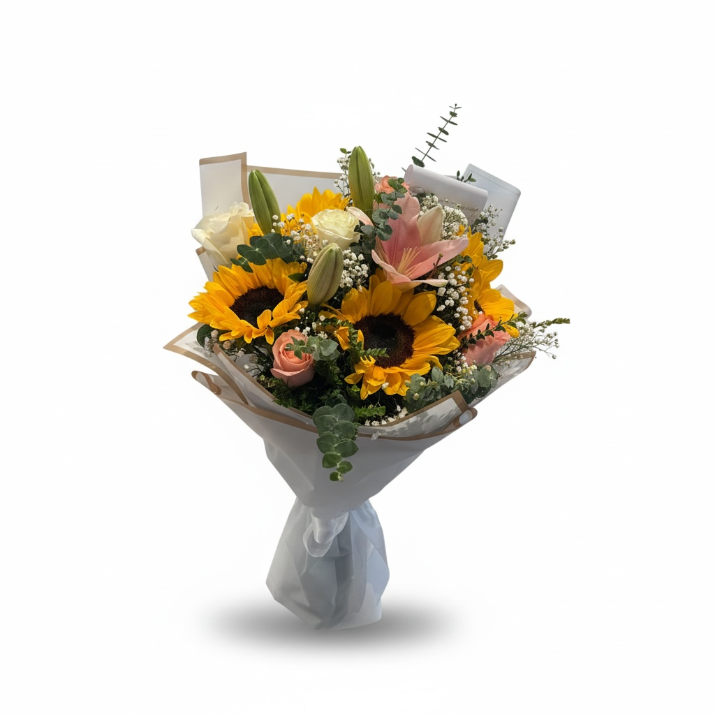 Ramo primaveral rosas, girasoles y liliums