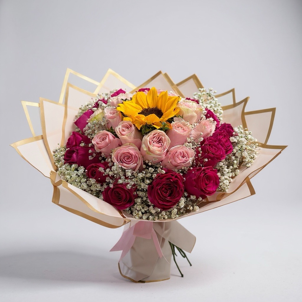 Ramo grande de rosas fucsia, rosadas y girasol 😍