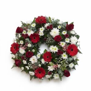 Corona grande rosas y gerberas rojas