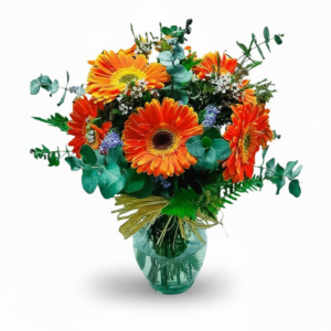 Florero 10 gerberas naranjas con eucaliptos