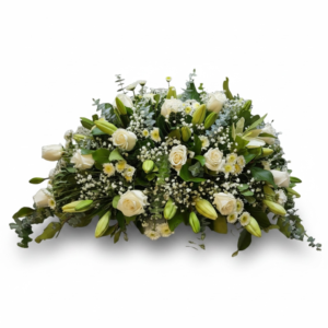 Cubre urna/cojín de rosas y lilium blancos