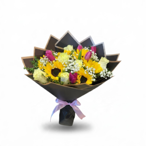 Ramo de rosas, girasoles y tulipanes